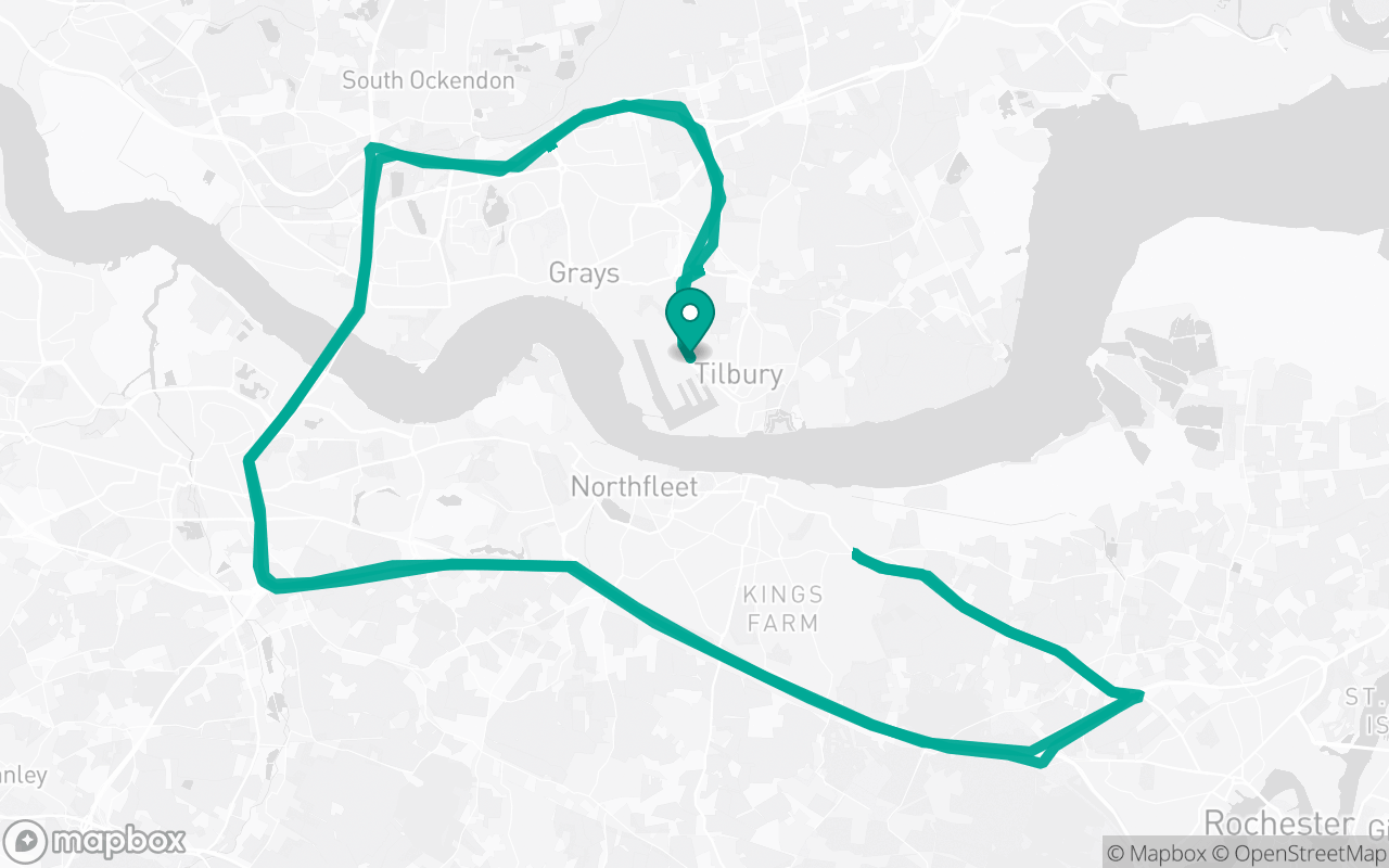 Map of the Tilbury Test Centre · Roundabout practice loop practice route near Tilbury Test Centre, drawn on real streets