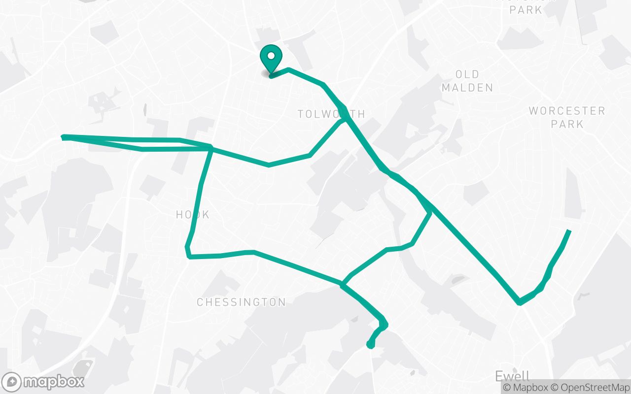 Map of the Tolworth Test Centre · Roundabout practice loop practice route near Tolworth Test Centre, drawn on real streets