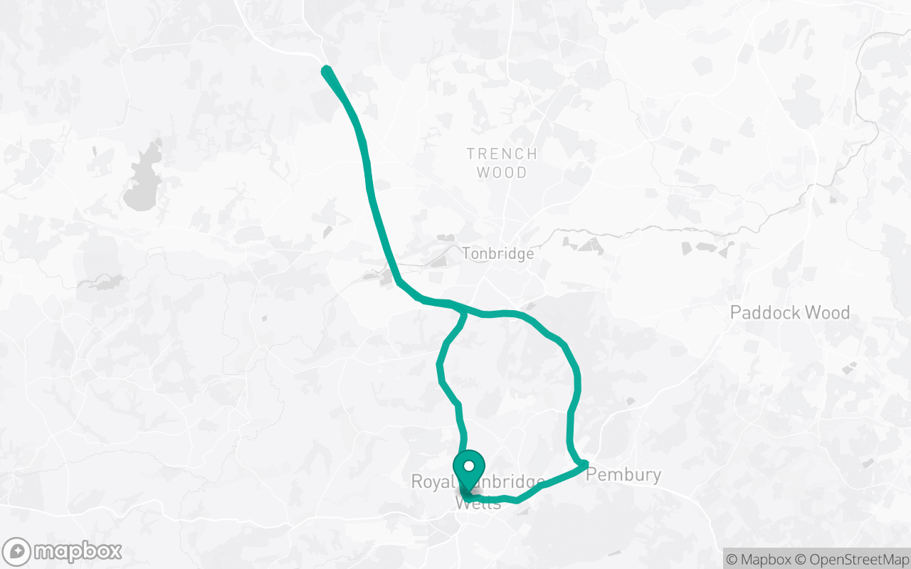 Map of the Tunbridge Wells · Dual-carriageway practice loop practice route near Tunbridge Wells test centre, drawn on real streets