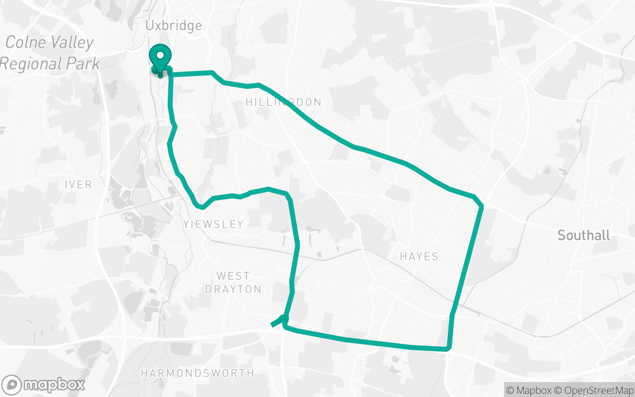 Map of the Uxbridge · Dual-carriageway practice loop practice route near Uxbridge test centre, drawn on real streets