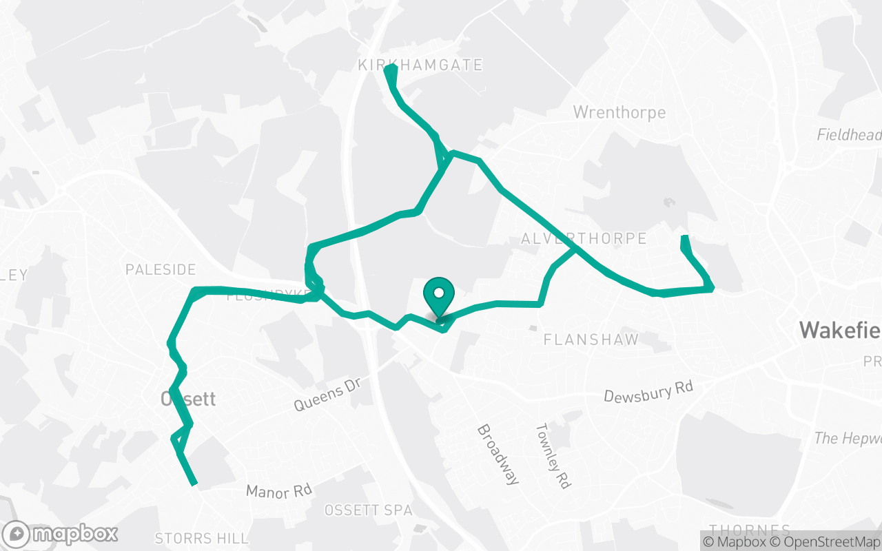 Map of the Wakefield · Residential practice loop practice route near Wakefield test centre, drawn on real streets