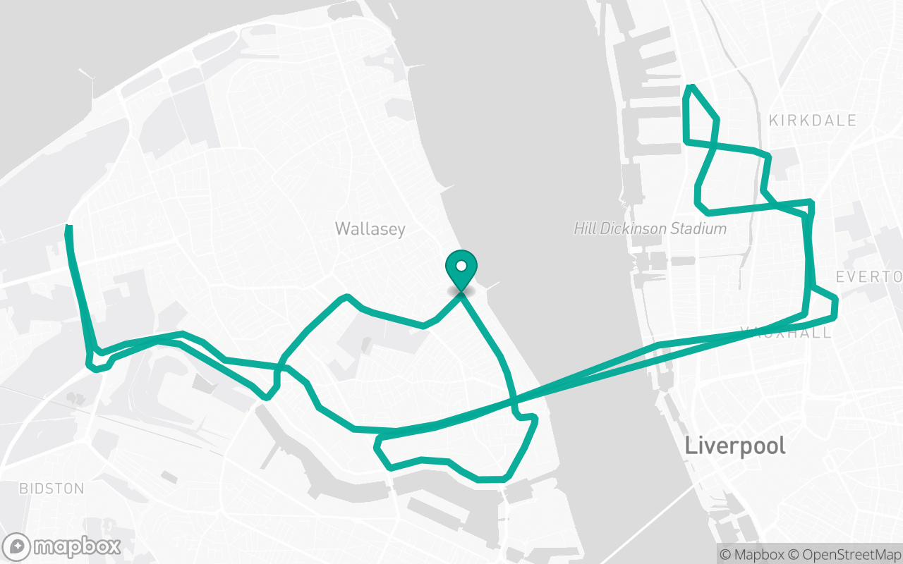 Map of the Wallasey · Dual-carriageway practice loop practice route near Wallasey test centre, drawn on real streets