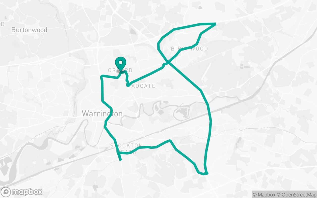 Map of the Warrington · Dual-carriageway practice loop practice route near Warrington test centre, drawn on real streets