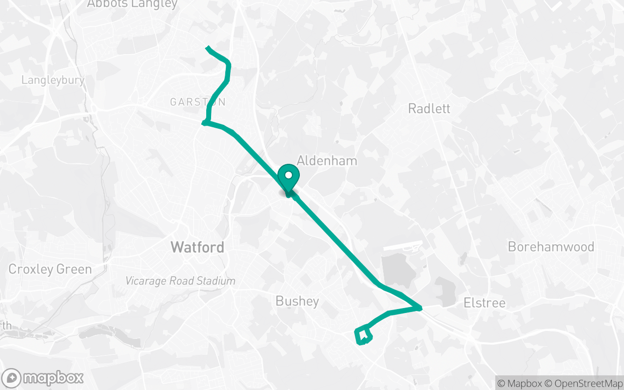 Map of the Watford · School-zone practice loop practice route near Watford test centre, drawn on real streets