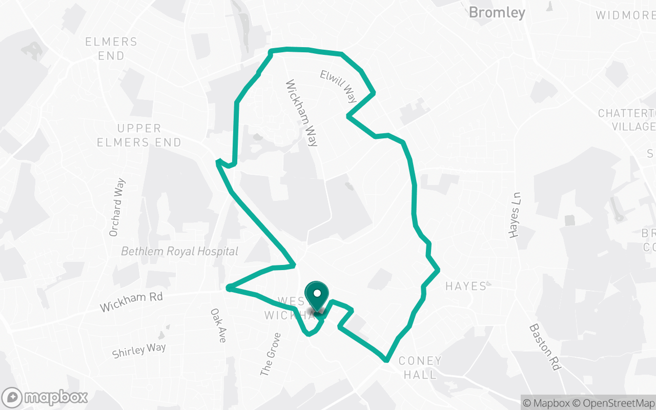 Map of the West Wickham · Route 2 practice route near West Wickham test centre, drawn on real streets