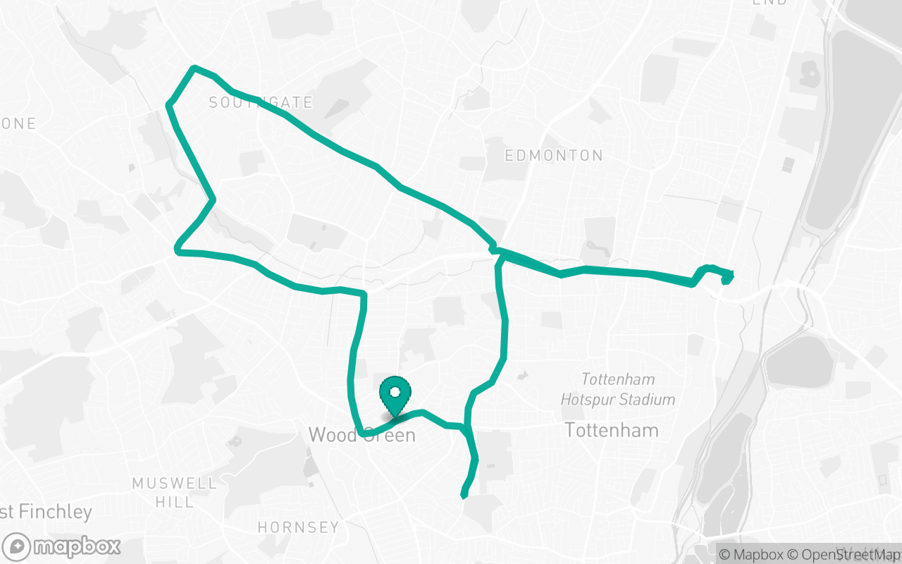 Real Mapbox map of the Wood Green · Roundabout loop practice route