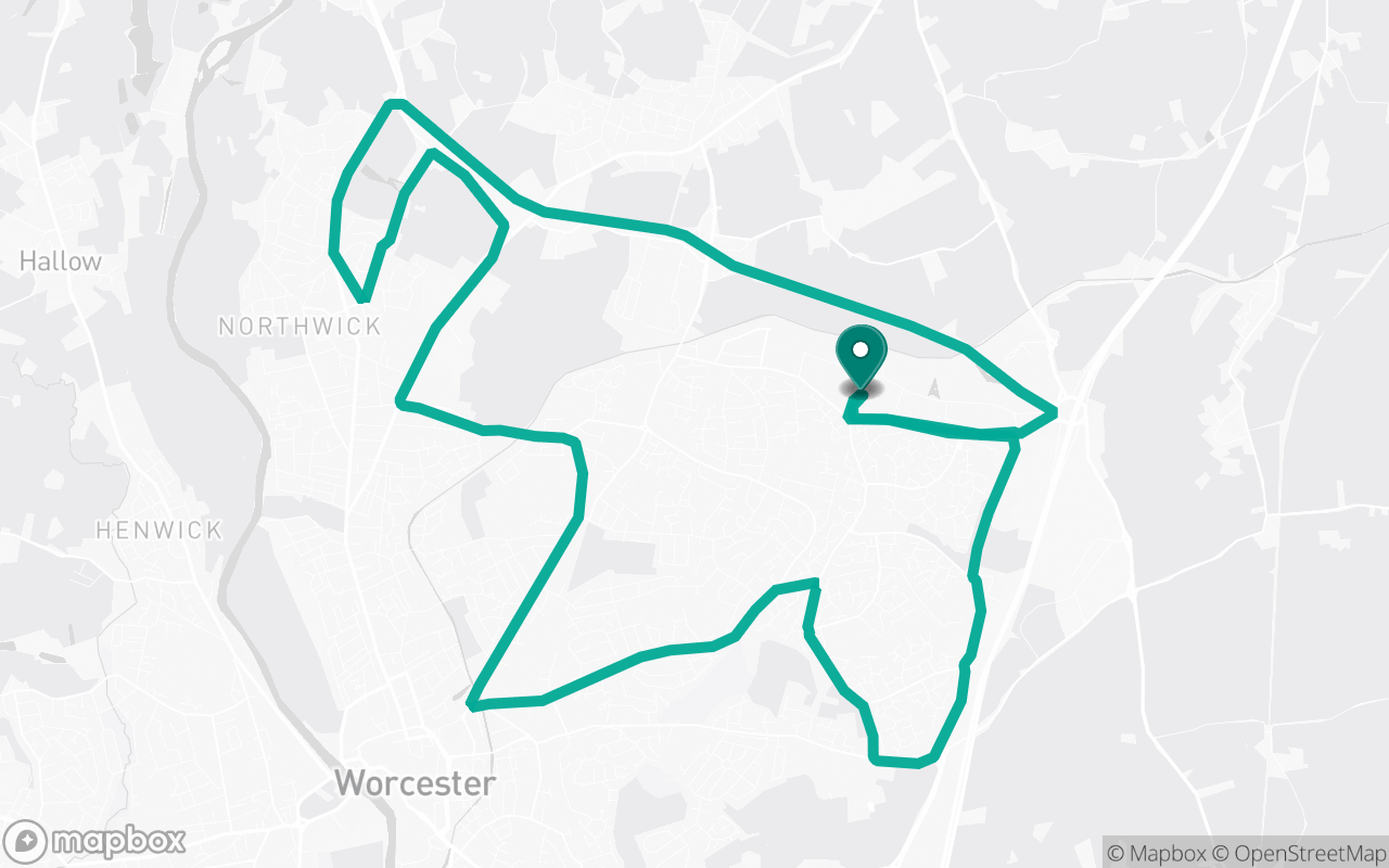Map of the Worcester · Route 36 practice route near Worcester test centre, drawn on real streets
