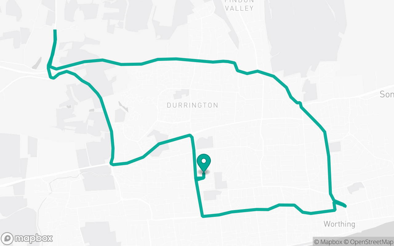 Map of the Worthing · Dual-carriageway practice loop practice route near Worthing test centre, drawn on real streets