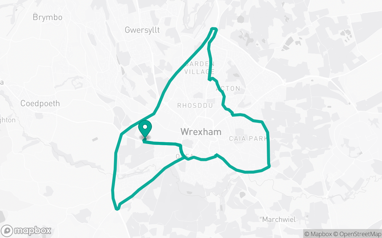 Map of the Wrexham · Route 3 practice route near Wrexham test centre, drawn on real streets