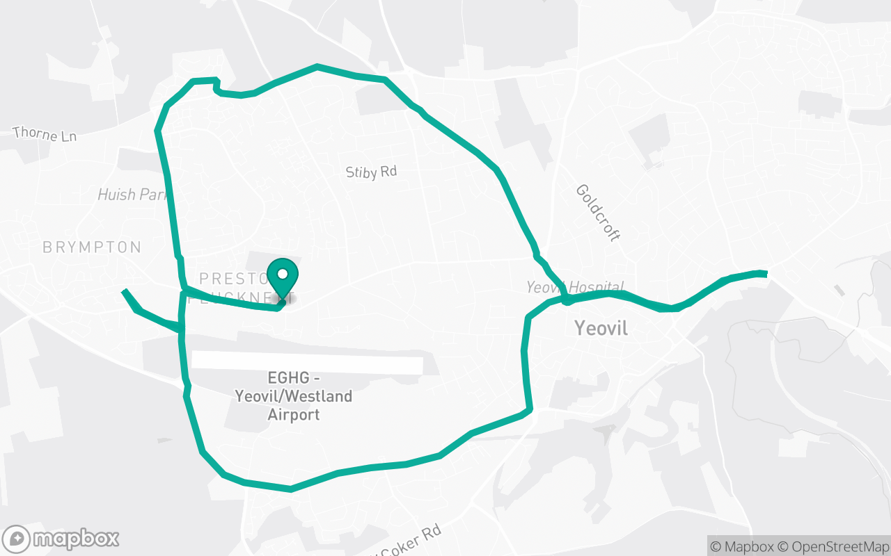 Map of the Yeovil · Residential + A-road practice loop practice route near Yeovil test centre, drawn on real streets